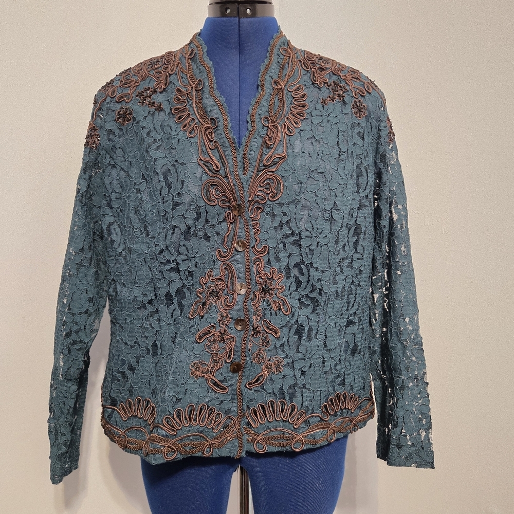 Vintage Teal Lace Beaded Jacket